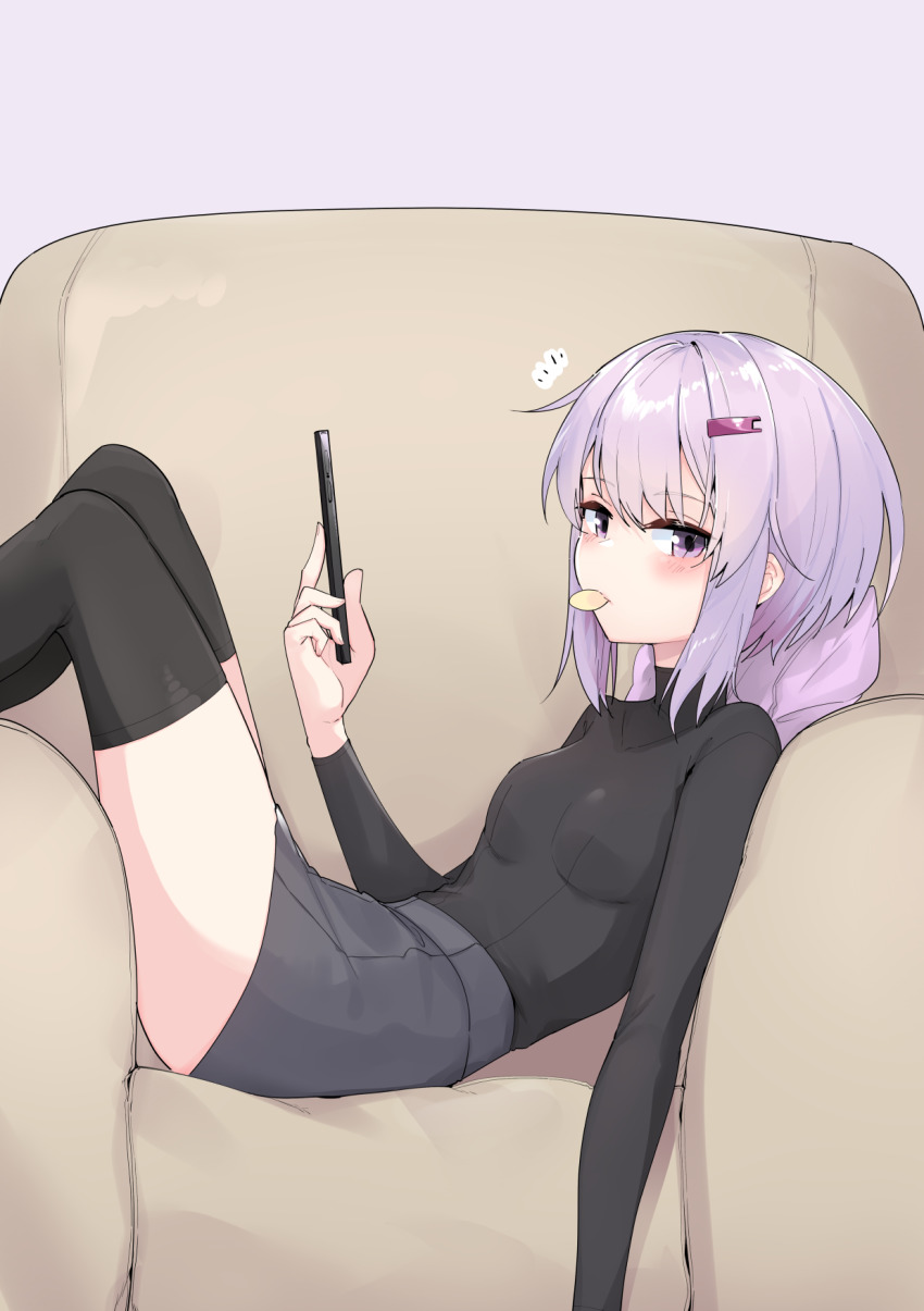 1girl armchair black_shirt black_thighhighs breasts cellphone chair commentary_request feet_out_of_frame food_in_mouth from_side grey_skirt hair_ornament hairclip highres holding holding_phone knees_up long_sleeves looking_at_viewer looking_to_the_side mouth_hold on_chair phone pink_background purple_eyes purple_hair shirt simple_background skirt small_breasts solo thighhighs voiceroid yuzuki_yukari yuzuki_yukari_(shizuku) zooanime