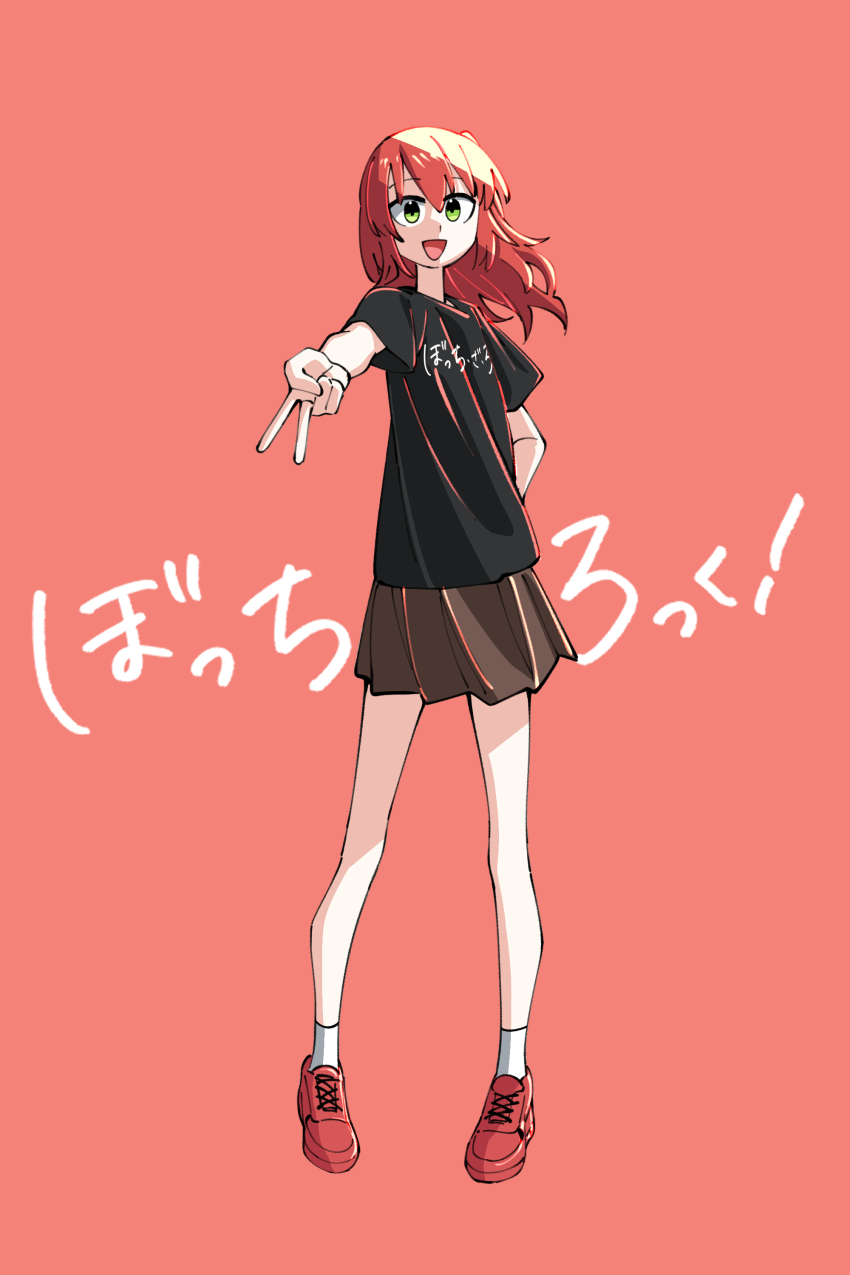 1girl absurdres black_shirt bocchi_the_rock! brown_skirt green_eyes highres kita_ikuyo long_hair miniskirt neonfloyd red_hair shirt simple_background skirt