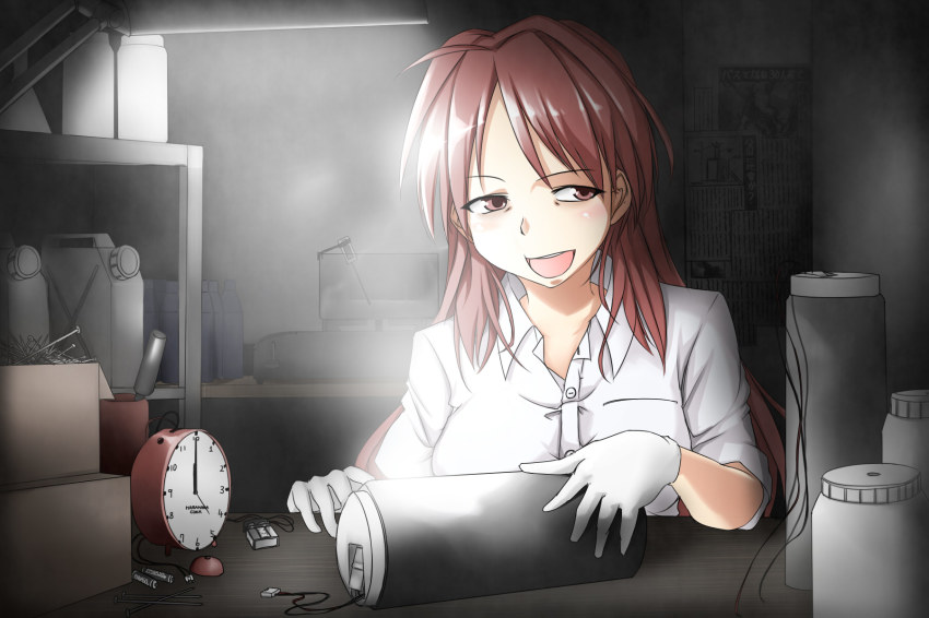 1girl :d ahoge alarm_clock analog_clock bomb box buttons clock collared_shirt erikku_(kata235) explosive female_focus gloves highres indoors nail_(hardware) open_mouth shirt smile smoke solo terrorist time_bomb weapon white_gloves white_shirt wire