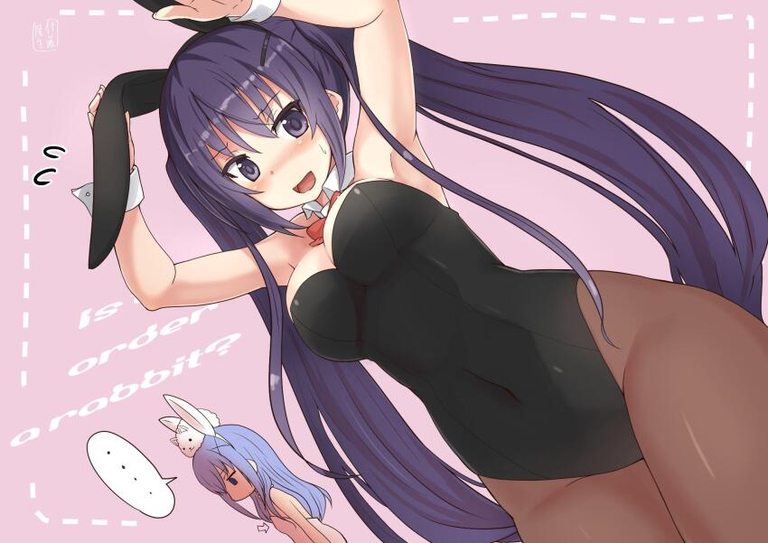 1girl 2girls :d angora_rabbit animal animal_ear_hairband animal_ears animal_on_head armpit_crease armpits blue_eyes blue_hair blush bow breast_envy breasts bright_pupils brown_pantyhose cleavage copyright_name covered_navel detached_collar dutch_angle dutchangle fake_animal_ears from_below furrowed_brow gochuumon_wa_usagi_desu_ka? hair_ornament hairband hairclip highres jitome kafuu_chino looking_at_viewer medium_breasts multiple_girls nose_blush on_head open_mouth pantyhose pink_background purple_hair purple_pupils rabbit rabbit_ear_hairband rabbit_ears rabbit_on_head rabbit_pose red_bow second-party_source simple_background smile solo sweatdrop takao_ito tedeza_rize tippy_(gochiusa) white_wrist_cuffs wrist_cuffs