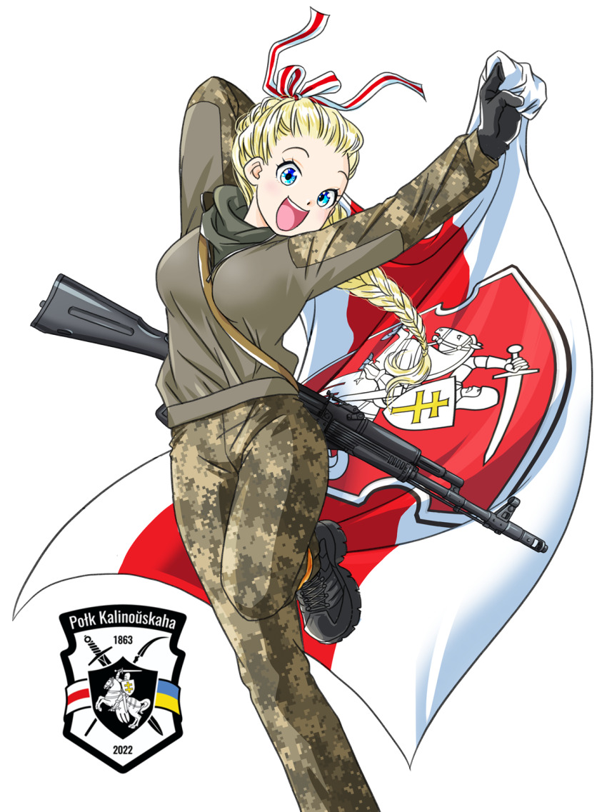arms_up belarus belarusian_flag black_shoes blonde_hair blue_eyes camouflage camouflage_jacket camouflage_pants cross-laced_shoes digital_camouflage hair_ribbon hands_up highres jacket japanon kastus_kalinouski_regiment looking_at_viewer military military_combat_uniform military_fatigues military_uniform open_mouth original pants paulinka_(japanon) ponytail ribbon russo-ukrainian_war shoes teeth tongue ukraine ukrainian_flag ukrainian_ground_forces upper_teeth_only weapon weapon_on_back weapon_request
