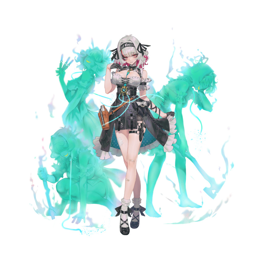 1girl arina_(resonance_solstice) artist_request axe bandaid black_gloves black_shoes bobby_socks breasts cleavage cocktail_shaker colored_inner_hair crossed_ankles frills full_body gloves grey_hair half_gloves headband highres holding holding_axe holding_knife holding_weapon holster knife looking_at_viewer mary_janes mole mole_under_mouth multicolored_hair red_eyes resonance_solstice shoes socks solo source_request spirit standing streaked_hair thigh_holster weapon white_socks