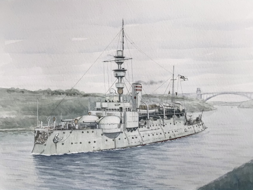 atelier_bono bridge canal cannon gunboat highres imperial_german_navy kiel_canal military_vehicle original overcast painting_(medium) ship ship_turret sky smoke smokestack sms_odin traditional_media vehicle_focus warship watercolor_(medium) watercraft