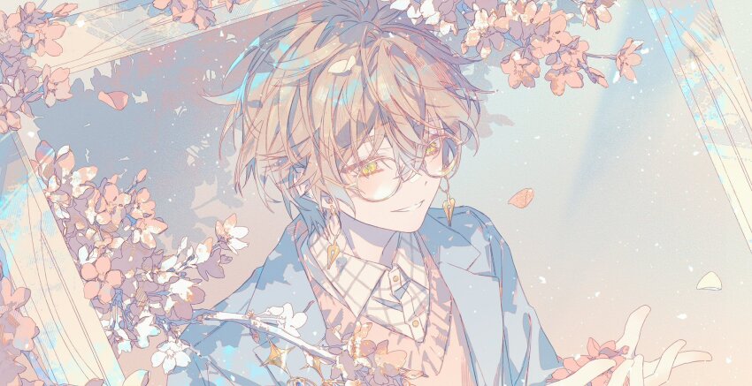 1boy alternate_costume blazer blue_hair blue_jacket checkered_clothes checkered_shirt cherry_blossoms collared_shirt day earrings falling_petals from_above glasses gradient_hair grey_hair grin hair_between_eyes highres holding holding_petal ike_eveland jacket jewelry light_particles looking_at_viewer male_focus multicolored_hair nijisanji nijisanji_en np.bear petals pink_petals pink_sweater_vest round_eyewear shirt smile solo sweater_vest upper_body white_shirt wind window yellow-framed_eyewear yellow_eyes