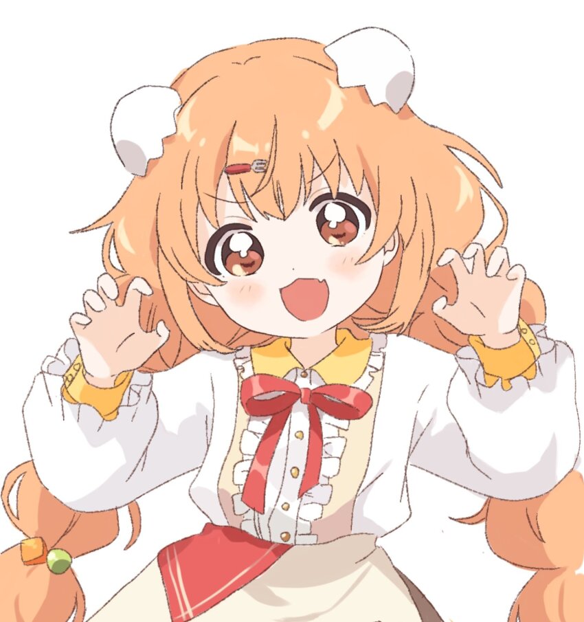 1girl aru_(novamiyo2555) braid brown_eyes buttons claw_pose collared_shirt cube_hair_ornament dress_shirt egg_hair_ornament fang food-themed_hair_ornament fork_hair_ornament frilled_shirt_collar frilled_sleeves frills gao hair_ornament highres kirara_tamako kirara_tamako_(1st_costume) long_hair long_sleeves looking_at_viewer low_twin_braids nijisanji open_mouth orange_hair puffy_long_sleeves puffy_sleeves red_ribbon ribbon shirt simple_background skin_fang skirt smile solo twin_braids upper_body v-shaped_eyebrows virtual_youtuber white_background white_shirt