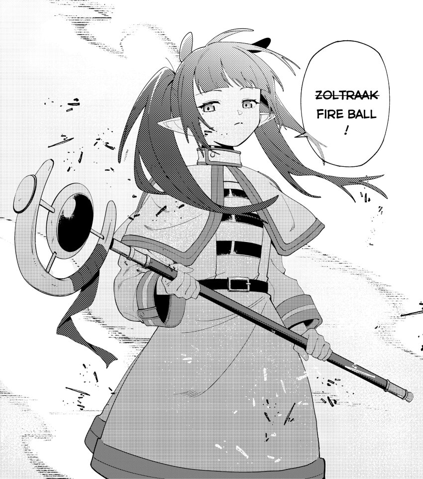 1girl absurdres belt capelet commentary cosplay cowboy_shot english_commentary english_text frieren frieren_(cosplay) greyscale hair_over_shoulder highres holding holding_staff hololive hololive_english light_frown long_hair long_pointy_ears long_sleeves looking_at_viewer mage_staff monochrome ninomae_ina&#039;nis pointy_ears shirt simple_background solo sousou_no_frieren speech_bubble staff standing striped_clothes striped_shirt tentacleluver virtual_youtuber white_background
