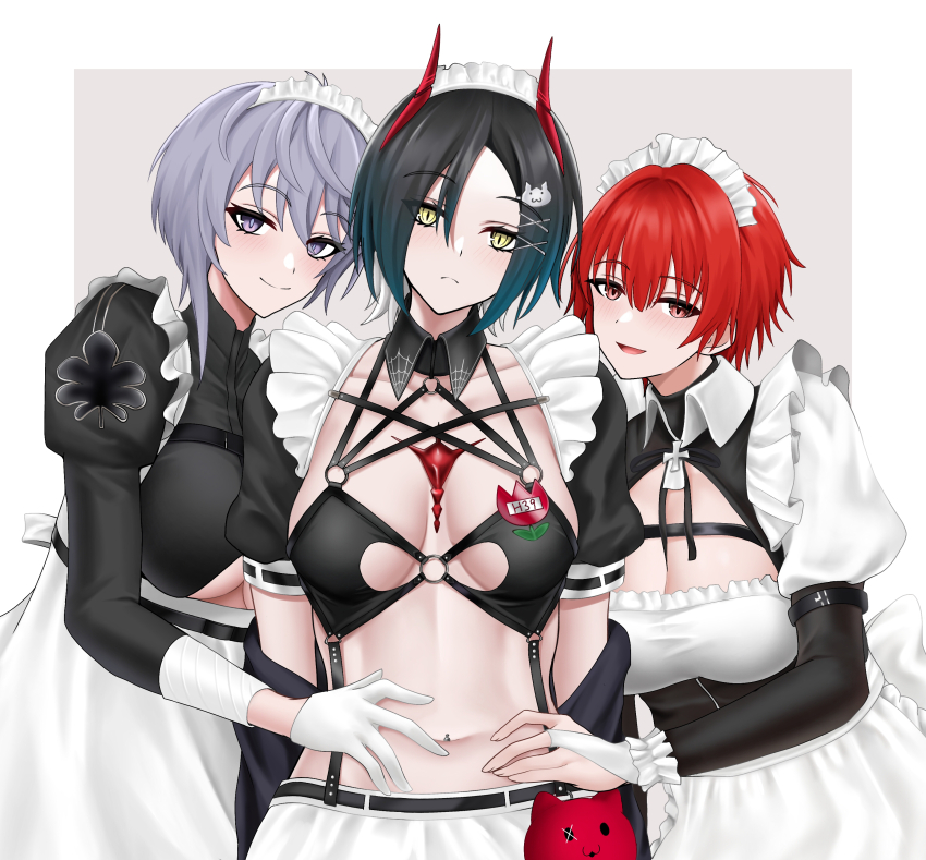 3girls absurdres apron azur_lane banba_(jakqbigone) bellona_(armed_to_clean)_(azur_lane) bellona_(azur_lane) bikini black_bikini black_bra black_hair blush bra breasts cat_hair_ornament cleavage clothing_cutout commentary_request detached_collar frilled_apron frills frontless_outfit frown gloves goth_fashion hair_between_eyes hair_ornament hair_over_one_eye hairclip hand_on_another&#039;s_stomach head_tilt highres horns large_breasts leaning_forward leaning_on_person looking_at_viewer maid_headdress medium_breasts medium_hair multicolored_hair multiple_girls navel navel_piercing o-ring o-ring_top piercing purple_eyes purple_hair red_eyes red_hair revealing_clothes seductive_smile short_hair slit_pupils smile spider_web_print stomach swimsuit two-tone_hair ulrich_von_hutten_(azur_lane) ulrich_von_hutten_(mayhem_maid)_(azur_lane) underboob underboob_cutout underwear waist_apron weser_(azur_lane) weser_(offtime_cafe)_(azur_lane) white_apron white_gloves white_hair yellow_eyes