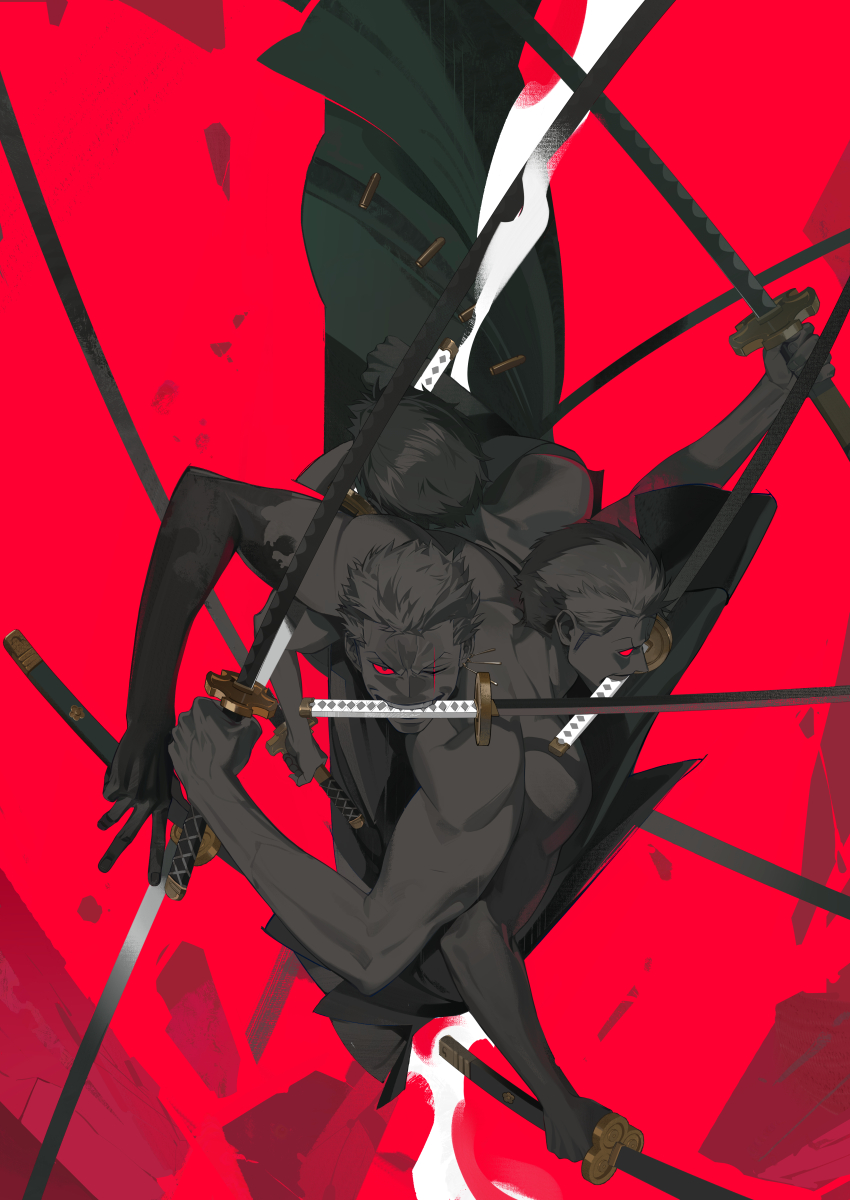 1boy absurdres asura_(mythology) colored_sclera earrings extra_arms from_above highres holding holding_sword holding_weapon jewelry katana looking_at_viewer male_focus multiple_heads muscular muscular_male one_eye_closed one_piece red_background red_sclera roronoa_zoro scabbard scar scar_across_eye scar_on_face sheath short_hair single_earring smile sword tobu_(bilibil) topless_male weapon