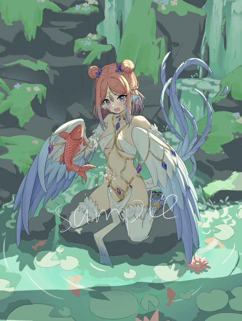 1girl absurdres animal animal_ears anklet bare_shoulders bird_ears bird_legs bird_tail blue_feathers blush braid chinese_commentary commentary_request crown_braid double_bun feathered_wings feathers fish gradient_hair hair_bun harpy highres jewelry kneeling koi kulomi lily_pad long_hair long_tail midriff monster_girl moss multicolored_hair navel open_mouth original pelvic_curtain pink_hair pong purple_eyes purple_hair revealing_clothes solo sweatdrop tail talons water waterfall white_feathers winged_arms wings