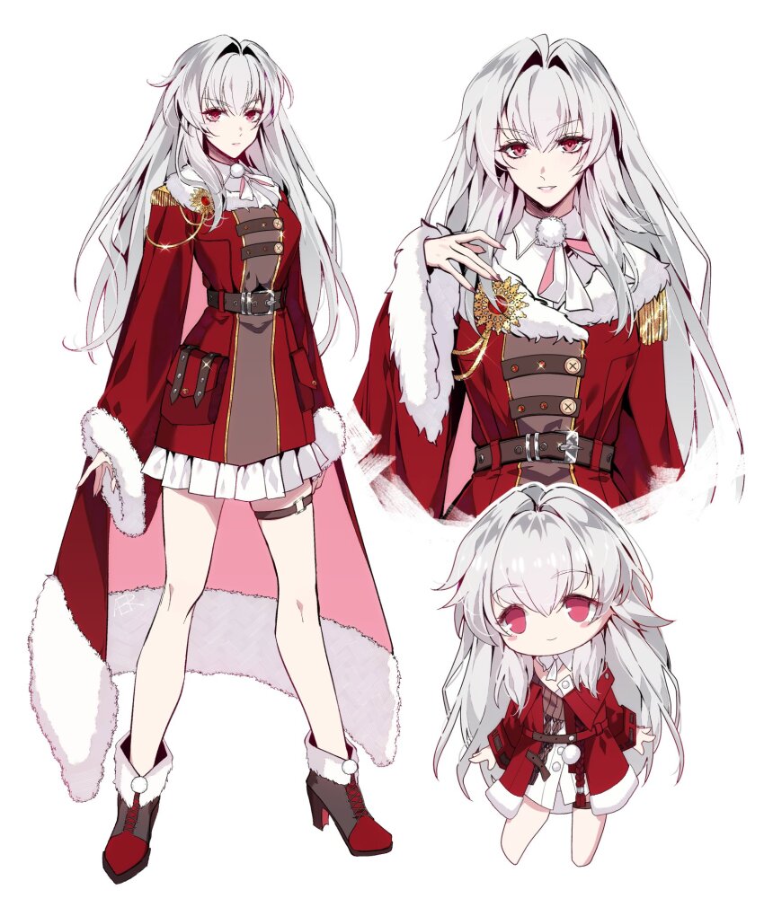 1girl aer007580 aged_up belt black_belt cape chibi clara_(honkai:_star_rail) coat commentary english_commentary epaulettes fur-trimmed_cape fur-trimmed_sleeves fur_trim hair_intakes highres honkai:_star_rail honkai_(series) jacket long_hair looking_at_viewer multicolored_shoes multiple_views pleated_skirt pom_pom_(clothes) red_cape red_eyes red_jacket shoes simple_background skirt sleeves_past_wrists smile standing thigh_strap two-tone_shoes white_background white_hair white_skirt