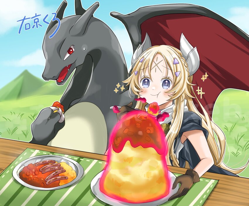 1girl 1other alternate_color black_eyes black_scales blonde_hair blush braid brown_gloves charizard closed_mouth commission creatures_(company) crossover curry curry_rice eating ecclesia_(yu-gi-oh!) facial_mark fake_horns food forehead_mark game_freak gen_1_pokemon gloves grass highres holding holding_food holding_spoon horns incredible_ecclesia_the_virtuous nintendo open_mouth pokemon pokemon_(creature) red_eyes rice sausage shiny_pokemon shirt skeb_commission sky sleeveless sleeveless_shirt smile spoon stigmata table ukyou_kuro white_shirt wings yu-gi-oh!