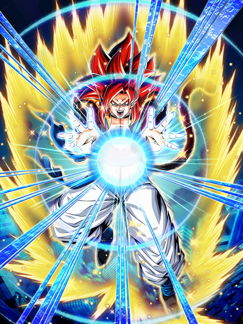 aura big_bang_kamehameha blue_eyes brown_fur powering_up dokkan_battle dragon_ball dragon_ball_gt energy fusion gogeta highres kamehameha_(dragon_ball) muscular muscular_male official_art red_hair screaming serious super_saiyan super_saiyan_4 tagme tail