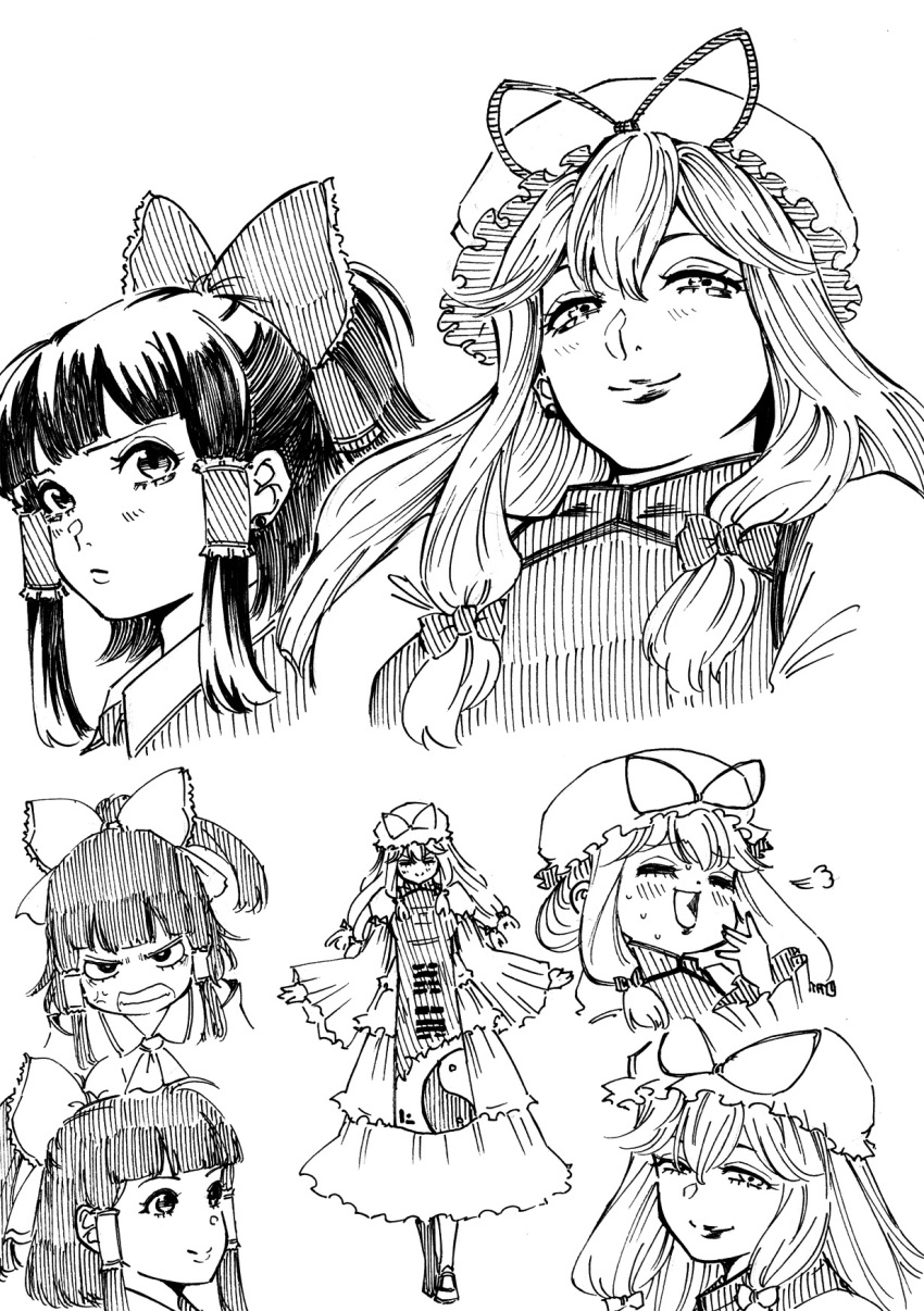 2girls anger_vein angry ascot black_hair blush bow collar detached_sleeves ear_piercing frilled_bow frilled_hair_tubes frills full_body greyscale hair_bow hair_tubes hakurei_reimu half-closed_eyes hat highres laughing lips long_hair mob_cap monochrome multiple_girls multiple_views piercing ponytail portrait s590220 simple_background sketch smile sweatdrop tabard touhou upper_body white_background white_collar yakumo_yukari