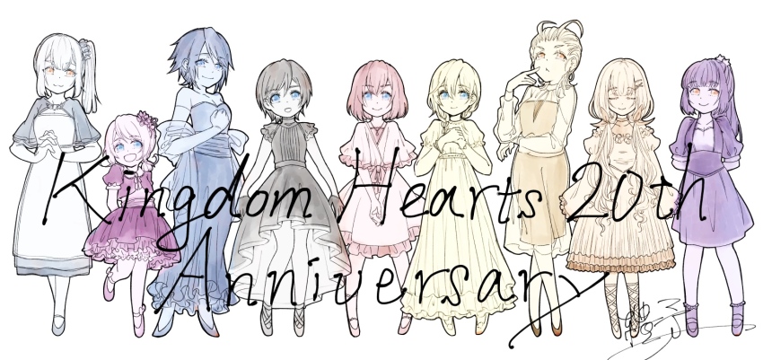 6+girls alternate_costume anniversary antenna_hair aqua_(kingdom_hearts) dress kairi_(kingdom_hearts) kh_raimu kingdom_hearts kingdom_hearts_358/2_days kingdom_hearts_birth_by_sleep kingdom_hearts:_chain_of_memories kingdom_hearts_dark_road kingdom_hearts_iii kingdom_hearts_x larxene looking_at_viewer low_twintails multiple_girls namine ponytail short_hair side_ponytail simple_background skuld_(kingdom_hearts) smile strelitzia_(kingdom_hearts) twintails urd_(kingdom_hearts) vor_(kingdom_hearts) xion_(kingdom_hearts)