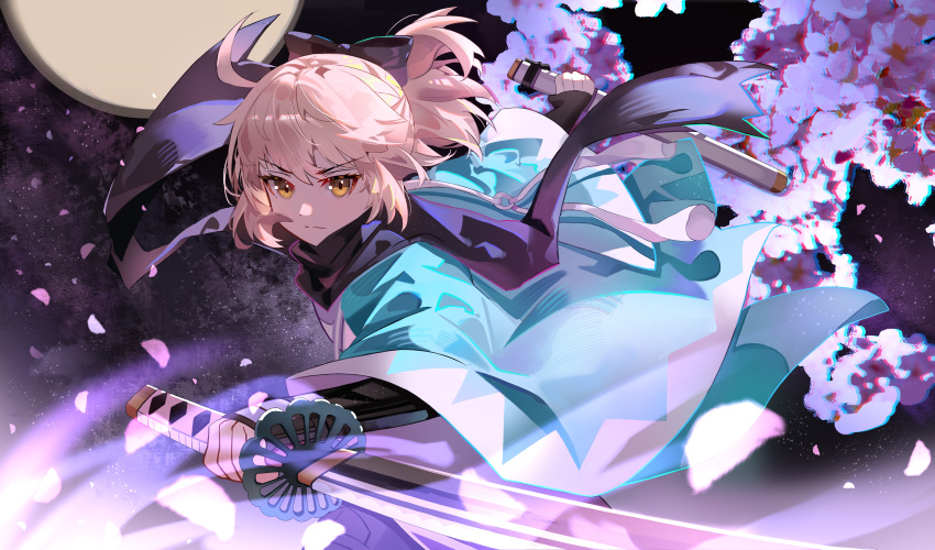 1girl absurdres ahoge black_scarf blue_haori cherry_blossoms fate/grand_order fate_(series) full_moon haori highres holding holding_sheath holding_sword holding_weapon japanese_clothes katana liangyimo moon okita_souji_(fate) okita_souji_(koha-ace) petals pink_hair ponytail reverse_grip scarf sheath short_ponytail sword weapon yellow_eyes