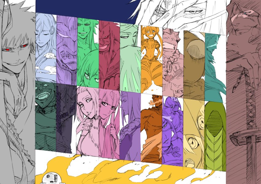 absurdres ashisogi_jizou beard beard_stubble bleach blue_eyes closed_eyes covered_mouth double_bun evil_smile eyeliner facial_hair facial_mark fingernails gegetsuburi gonryoumaru haineko hair_between_eyes hair_bun hair_ornament hand_over_face highres hime_cut holding holding_weapon hollow_ichigo hood hood_up houzukimaru hyourinmaru katen_kyoukotsu kazeshini ken&#039;ichi_(ken1ro_u) lip_piercing lip_ring long_hair makeup mask minazuki multiple_boys multiple_girls muramasa_(bleach) one_eye_closed open_mouth parted_bangs parted_lips red_eyes senbonzakura skull_hair_ornament smile sode_no_shirayuki sougyo_no_kotowari stubble sunglasses suzumebachi tenken tobiume topless_male wabisuke_(bleach) weapon zabimaru zangetsu_(bleach)