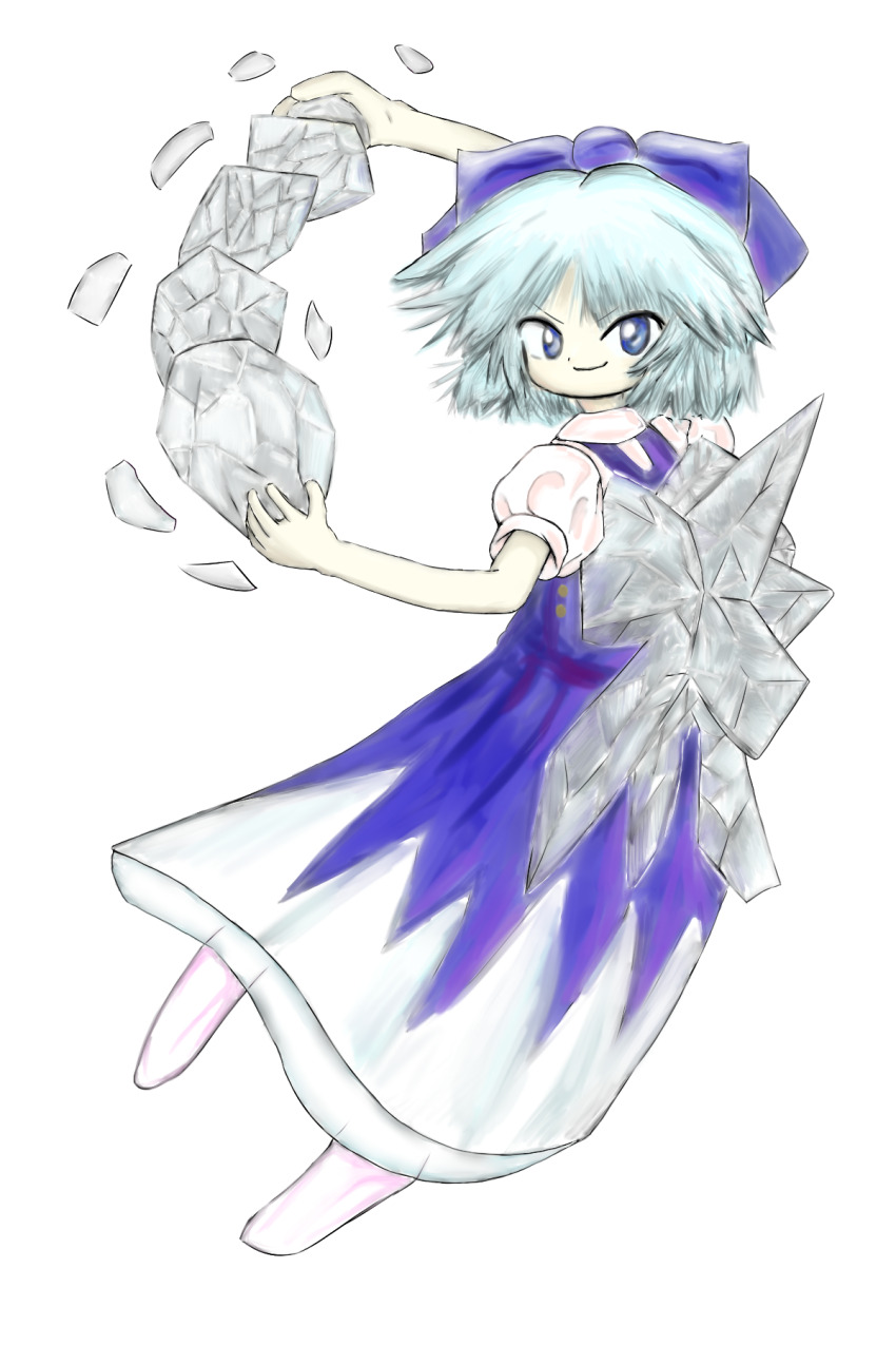 1girl back blue_dress blue_eyes blue_hair bow cirno cirno_day dress hair_bow highres ice ice_wings looking_at_viewer looking_back shlipon short_hair short_sleeves smug touhou transparent_background wings zun_(style)