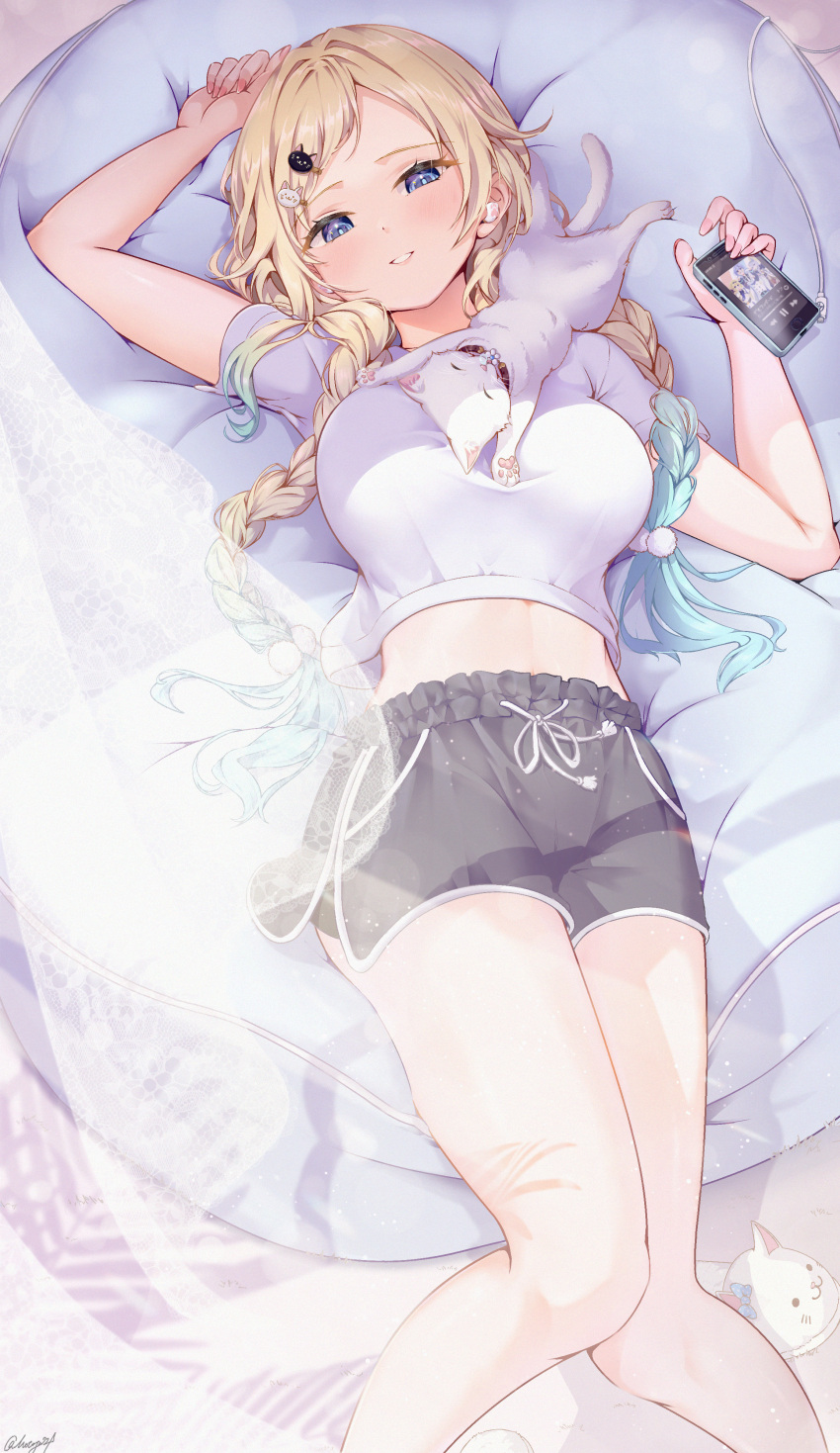 1girl absurdres aizawa_ema aizawa_ema_(4th_costume) bean_bag_chair black_shorts blonde_hair blue_eyes blue_hair braid breasts cat cat_hair_ornament cellphone commentary_request curtains dolphin_shorts earbuds earphones gradient_hair hair_ornament hairclip highres holding holding_phone large_breasts light_rays long_hair looking_at_viewer lying midriff motoja_72p multicolored_hair multicolored_nails on_back orange_nails parted_lips phone pink_nails pom_pom_(clothes) pom_pom_hair_ornament shirt short_shorts short_sleeves shorts sleeping sleeping_on_person slippers smartphone solo twin_braids two-tone_nails variant_set virtual_youtuber vspo! white_shirt