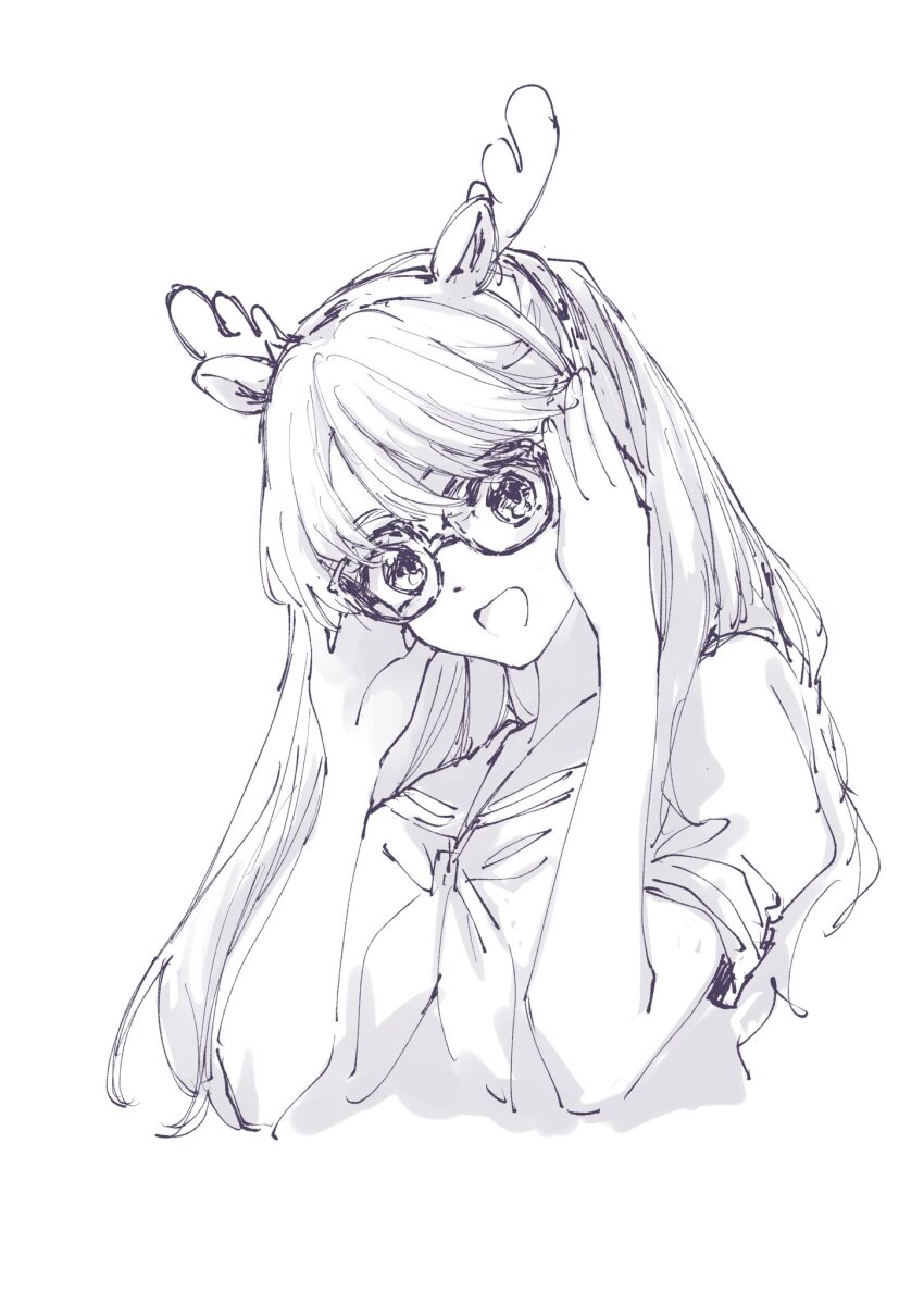 1girl :d animal_ear_headphones animal_ears antlers cropped_torso deer_ears dress fake_animal_ears fake_antlers fujishima_megumi greyscale hasu_no_sora_school_uniform headphones highres horns l9525 link!_like!_love_live! long_hair looking_at_viewer love_live! monochrome neckerchief open_mouth puffy_short_sleeves puffy_sleeves reindeer_antlers sailor_collar sailor_dress school_uniform short_sleeves simple_background smile solo split_mouth summer_uniform two_side_up virtual_youtuber white_background
