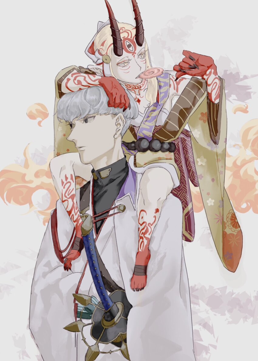 1boy 1girl blonde_hair candy carrying commentary_request eieio006 facial_mark fate/grand_order fate_(series) fingernails food forehead_mark grey_hair highres horns ibaraki_douji_(fate) japanese_clothes katana kimono lollipop long_hair looking_to_the_side oni pointy_ears sharp_fingernails shoulder_carry swirl_lollipop sword watanabe_no_tsuna_(fate) weapon