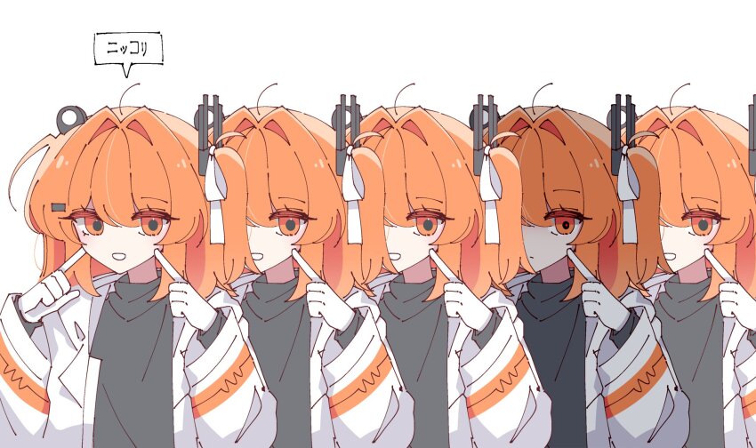 a.i._voice adachi_rei black_shirt clone commentary hands_up highres jacket looking_at_viewer mei_(meiday_mise) open_clothes open_jacket orange_eyes orange_hair shirt speech_bubble symbol-only_commentary upper_body utau white_background white_jacket