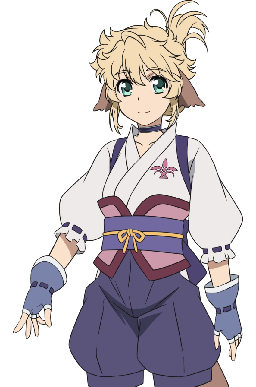 1boy animal_ears aqua_eyes aquaplus blonde_hair choker closed_mouth collarbone cowboy_shot fingerless_gloves gloves hair_between_eyes hair_up highres kiwru_(utawarerumono) long_hair long_sleeves messy_hair nakata_masahiko official_art purple_sash raised_eyebrows sash shorts sidelocks smile solo standing tail transparent_background utawarerumono utawarerumono:_futari_no_hakuoro utawarerumono:_itsuwari_no_kamen white_fox_(company)