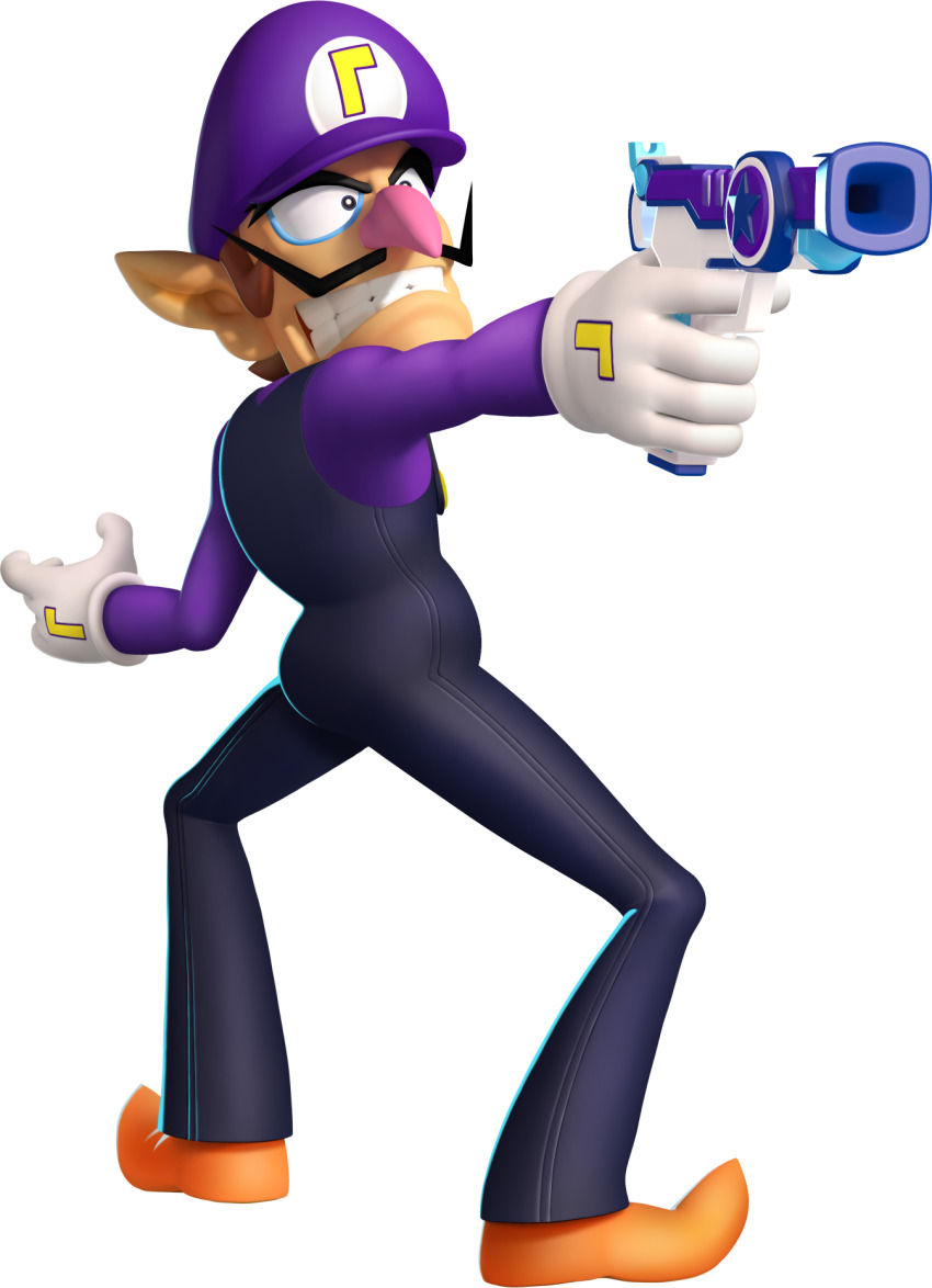 1boy 3d aiming arm_up big_nose blue_eyes blue_overalls brown_hair clenched_teeth clothes_writing constricted_pupils facial_hair finger_on_trigger from_behind full_body gloves gun hand_up handgun highres holding holding_gun holding_weapon legs_apart long_sleeves looking_afar looking_back male_focus mario_&amp;_sonic_(series) mario_&amp;_sonic_at_the_london_2012_olympic_games mario_(series) mustache nintendo official_art orange_shoes outstretched_arm overalls pointy_ears pointy_footwear purple_shirt shirt shoes short_hair simple_background solo standing teeth third-party_source transparent_background waluigi weapon white_gloves