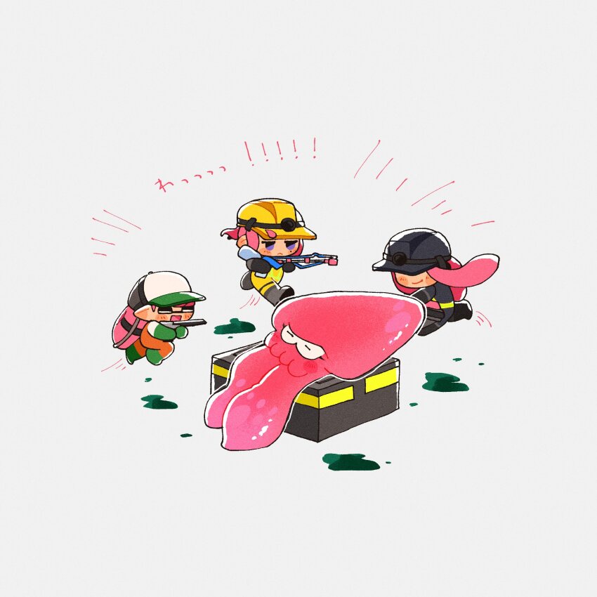 ! 1boy 2girls baseball_cap dread_wringer_(splatoon) emphasis_lines full_body gun hat highres holding holding_gun holding_weapon inkling inkling_(swim_form) inkling_boy inkling_girl inkling_player_character kraken_(splatoon) lifebuoy long_hair medium_hair mining_helmet multiple_girls n-zap_(splatoon) nintendo octoling octoling_girl octoling_player_character pointy_ears salmon_run_(splatoon) short_hair simple_background splatoon_(series) splatoon_3 squid squiffer_(splatoon) swim_ring tentacle_hair tonio_(spuid_antn) translation_request unamused weapon white_background