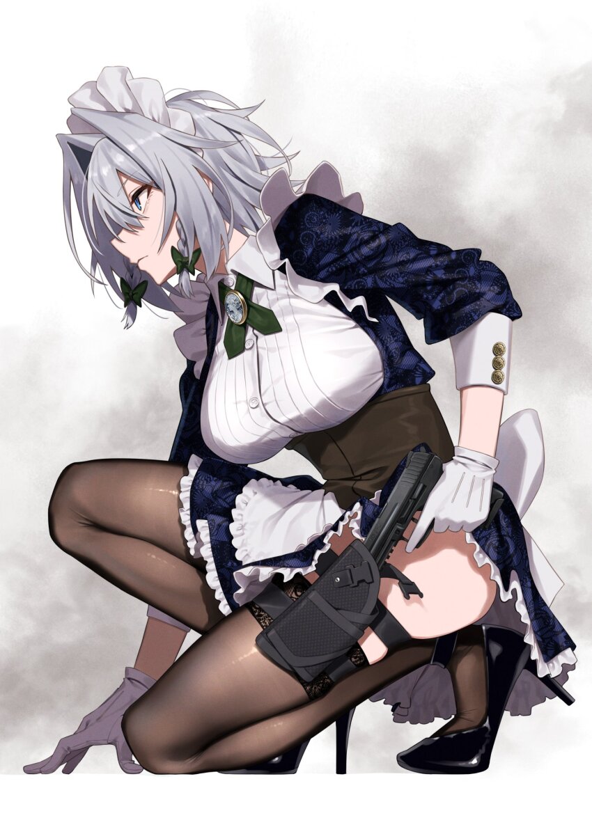 1girl apron back_bow black_footwear blue_dress blue_eyes bow braid breasts brown_corset brown_pantyhose buttons closed_mouth collared_shirt commentary corset cross_tie dress expressionless fighting_stance full_body gloves green_bow greenkohgen grey_hair gun hair_between_eyes hair_bow hair_intakes handgun high_heels highres holding holding_gun holding_weapon holster izayoi_sakuya large_breasts long_bangs looking_afar maid maid_headdress on_one_knee pantyhose profile ready_to_draw red_brooch shirt short_hair smoke solo thighhighs touhou twin_braids waist_apron weapon white_apron white_background white_bow white_gloves white_shirt