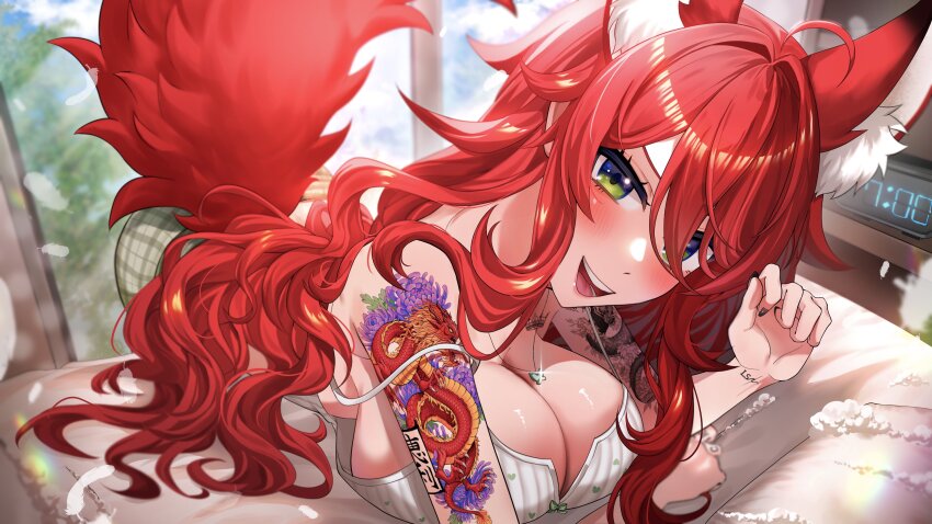 1girl absurdres animal_ear_fluff animal_ears arm_tattoo black_nails blush breasts butterfly_necklace cleavage clock digital_clock dragon_tattoo elly_(vtuber) elly_(vtuber)_(pajamas) falling_feathers feathers fushi_yohaku green_eyes heart heart_print highres indie_virtual_youtuber jewelry large_breasts long_hair necklace open_mouth pajamas pillow red_hair red_tail smile solo strap_gap strap_slip tail tattoo virtual_youtuber white_feathers wrist_tattoo