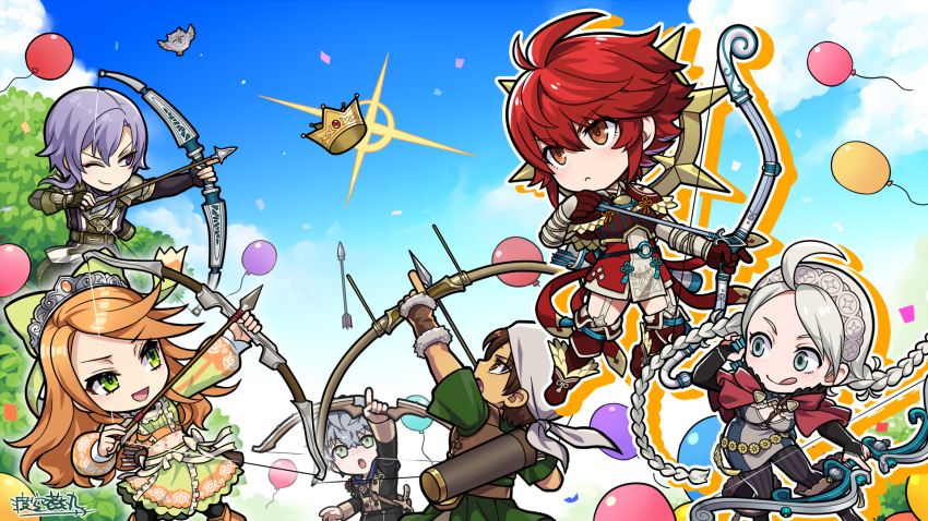 3boys 3girls :q aiming arrow_(projectile) ashe_ubert balloon bird bow_(weapon) braid brown_eyes brown_hair commentary crown english_commentary etie_(fire_emblem) feh_(fire_emblem_heroes) fire_emblem fire_emblem:_genealogy_of_the_holy_war fire_emblem:_three_houses fire_emblem_echoes:_shadows_of_valentia fire_emblem_engage fire_emblem_fates fire_emblem_heroes freckles green_eyes grey_hair highres hinoka_(fire_emblem) holding holding_arrow holding_bow_(weapon) holding_weapon jamke_(fire_emblem) leon_(fire_emblem_echoes) long_hair multiple_boys multiple_girls nina_(fire_emblem) nintendo official_art one_eye_closed orange_hair owl purple_eyes purple_hair quiver red_hair second-party_source short_hair tongue tongue_out twin_braids twintails watarizora_tsubamemaru weapon white_hair