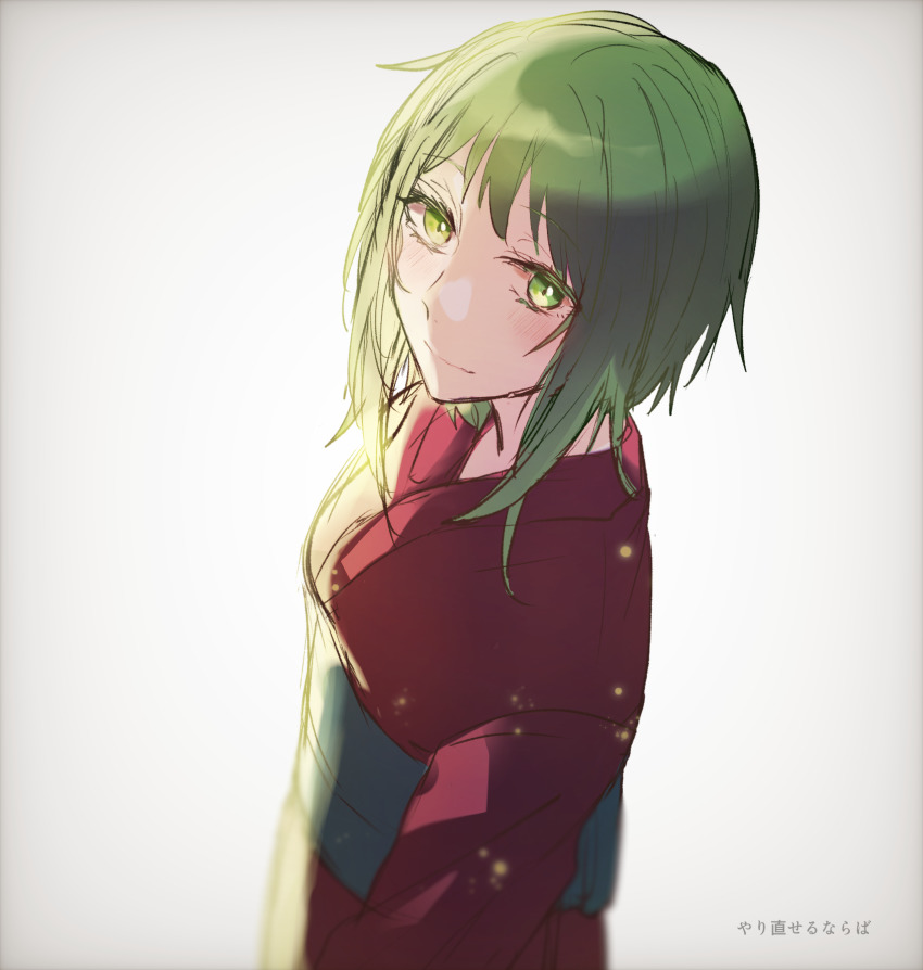 evillious_nendaiki green_eyes green_hair green_sash gumi highres japanese_clothes kimono lyrics nemesis_sudou obi pov red_kimono saigo_no_revolver_(vocaloid) sash short_hair_with_long_locks sketch solo vocaloid warabi_(danngo-mitarasi)