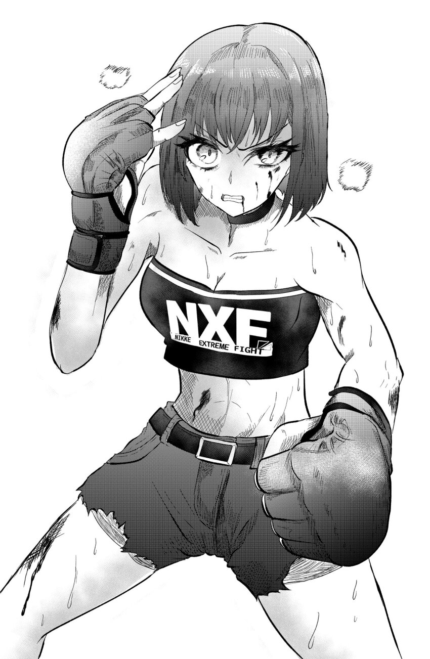 blood boxing_gloves breasts bruise cleavage clenched_teeth fingerless_gloves gloves goddess_of_victory:_nikke greyscale highres igatatsumasa injury medium_breasts milk_(extreme_fighter)_(nikke) milk_(nikke) monochrome navel short_hair shorts sports_bra sweat teeth torn_clothes yellow_eyes