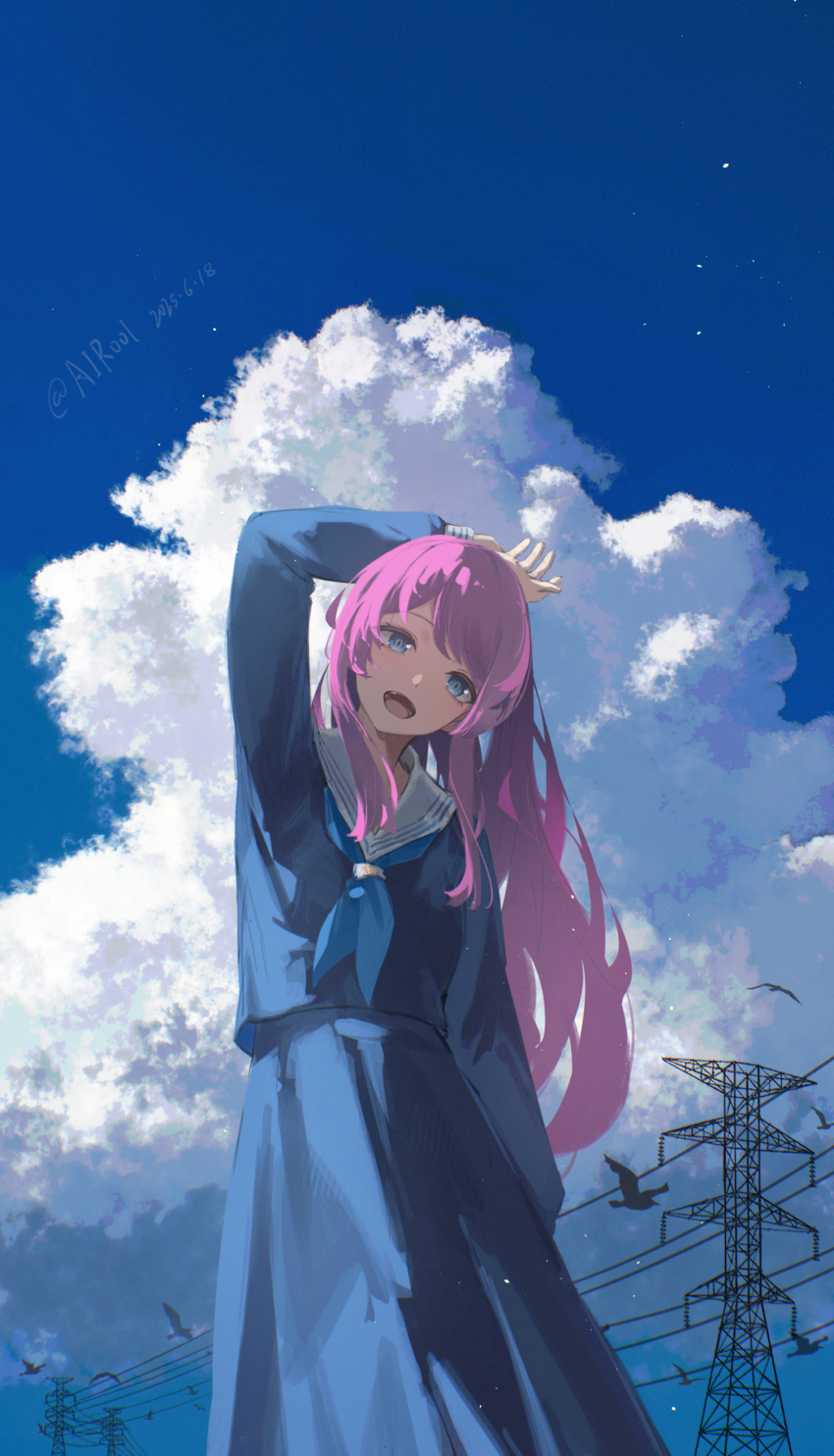 1girl absurdres airool arm_behind_back arm_behind_head arm_up bang_dream! bang_dream!_it&#039;s_mygo!!!!! blue_neckerchief blue_serafuku blue_shirt blue_skirt blue_sky blush chihaya_anon chinese_commentary cloud cloudy_sky commentary_request fang grey_eyes head_tilt highres long_hair long_sleeves neckerchief open_mouth pink_hair revision sailor_collar school_uniform serafuku shirt skirt sky solo transmission_tower white_sailor_collar