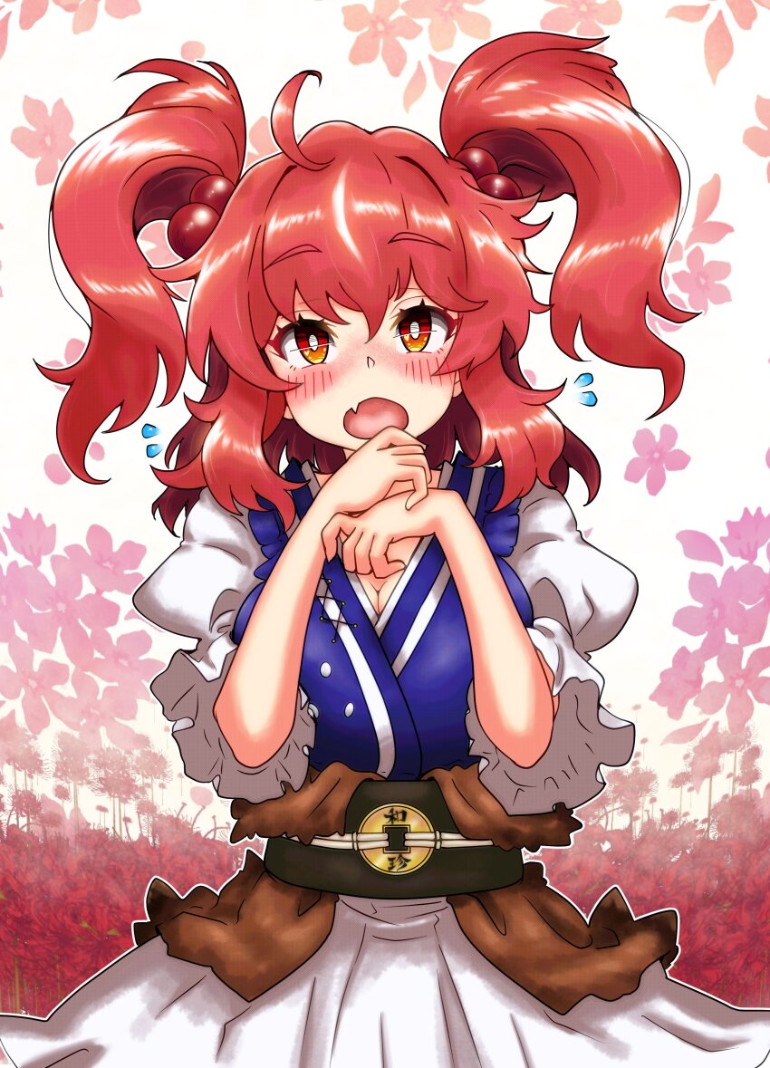 1girl absurdres ahoge blush bright_pupils carbohydrate_(asta4282) coin commentary_request fang flower flying_sweatdrops hair_bobbles hair_ornament highres looking_at_viewer messy_hair obi onozuka_komachi open_mouth red_eyes red_hair sash short_sleeves skin_fang solo touhou two_side_up white_pupils