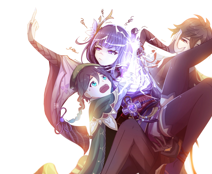 1girl 2boys absurdres anger_vein annoyed arm_up black_thighhighs blue_pupils blunt_bangs braid bridal_gauntlets brown_eyes brown_gloves brown_hair brown_jacket brown_pants brown_suit capelet carrying carrying_person chinese_commentary closed_mouth electricity eyeliner flower flower_ornament formal_clothes friends genshin_impact glaring gloves glowing gradient_hair green_capelet green_eyes green_hair green_hat grey_hair hair_between_eyes hair_ornament hand_on_another&#039;s_face hat highres human_scabbard jacket japanese_clothes kimono late-yesterday leaning_on_person leaning_to_the_side long_braid long_hair long_sleeves low_ponytail makeup middle_finger mitsudomoe_(shape) mole mole_under_eye multicolored_eyes multicolored_hair multiple_boys musou_isshin_(genshin_impact) neck_ribbon off_shoulder open_mouth pants ponytail purple_eyes purple_flower purple_hair purple_kimono purple_nails pushing_away raiden_shogun red_eyeliner red_ribbon red_sash ribbon sash shade shaded_face short_hair side_braids single_braid sleeves_rolled_up squiggle standing suit sweatdrop thick_thighs thighhighs thighs tomoe_(symbol) trembling venti_(genshin_impact) white_background worried zhongli_(genshin_impact)
