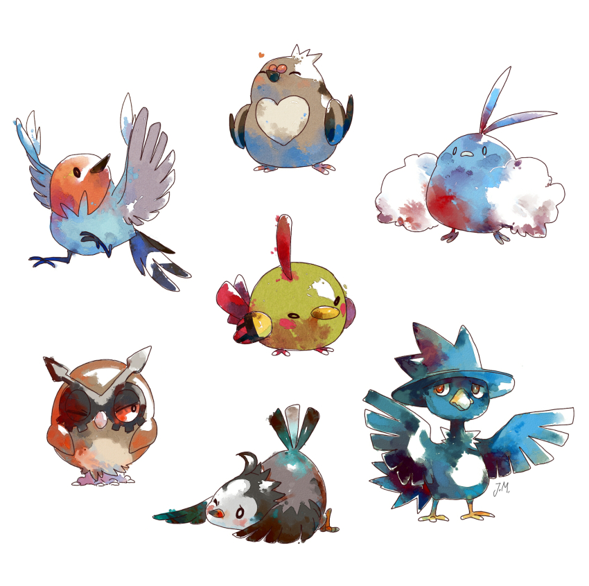 animal_focus bird black_eyes bluekomadori blush closed_mouth faux_traditional_media fletchling full_body gen_2_pokemon gen_3_pokemon gen_4_pokemon gen_5_pokemon gen_6_pokemon heart highres hoothoot murkrow natu nintendo nose_blush one_eye_closed pidove pokemon red_eyes starly swablu white_background