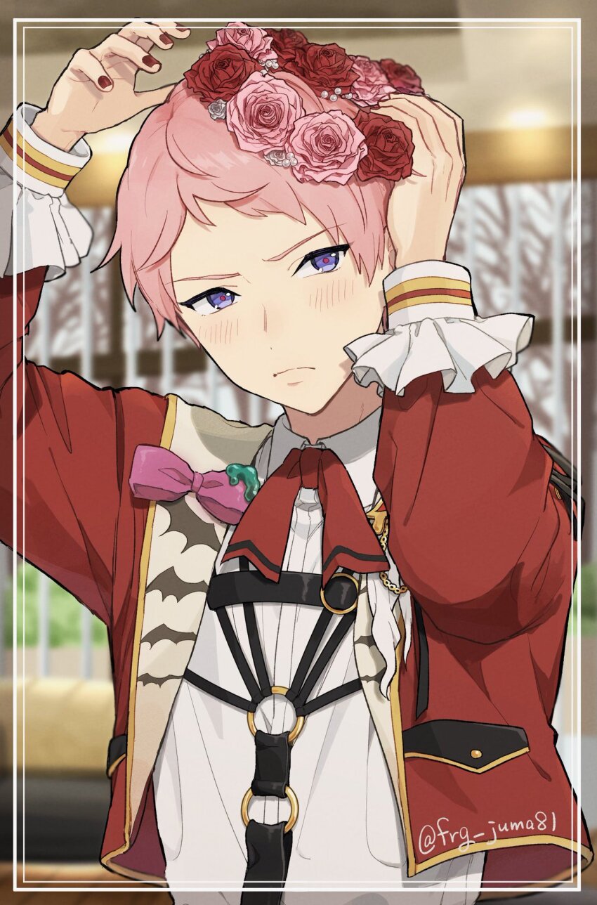 1boy blush embarrassed ensemble_stars! facing_viewer head_wreath highres itsuki_shu jacket juma_(wolf81gizinka) long_sleeves looking_to_the_side male_focus neck_ribbon pink_hair purple_eyes red_jacket red_nails red_ribbon ribbon shirt short_bangs short_hair solo twitter_username white_shirt