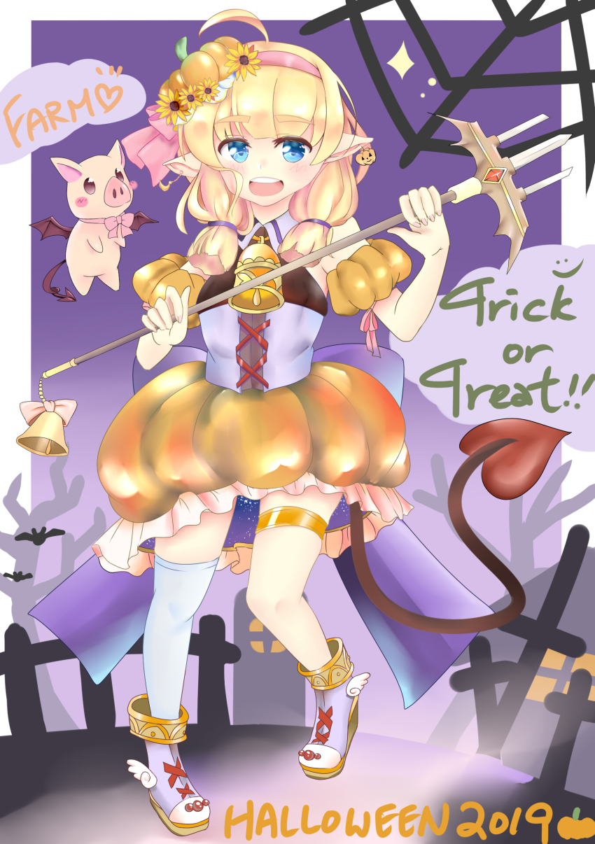 1girl absurdres ahoge blonde_hair dress fam_valhoef halloween highres iris_mysteria! long_hair pointy_ears smile solo