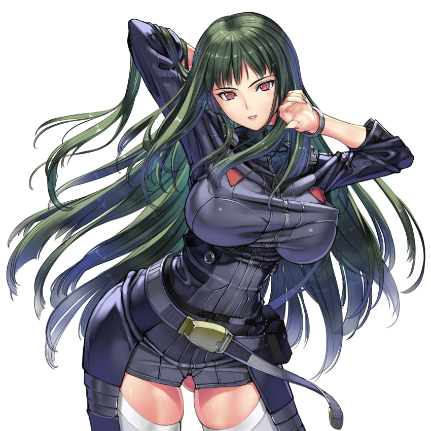 1girl absurdres bad_id bad_pixiv_id breasts elisia_zepheel female_focus green_hair highres huge_breasts impossible_clothes long_hair looking_at_viewer nakabayashi_reimei parted_lips pink_eyes simple_background skindentation smile solo super_robot_wars super_robot_wars_f super_robot_wars_the_lord_of_elemental thighhighs very_long_hair white_background white_thighhighs