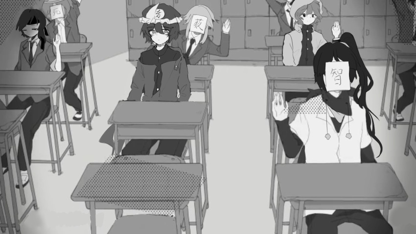 6+others adagumo_no_yaorochi alternate_costume androgynous asymmetrical_bangs blazer censored chair classroom closed_mouth collared_jacket collared_shirt desk dot_nose dress_pants empty_eyes expressionless frilled_headwear gakuran greyscale hair_between_eyes half-closed_eyes hand_up hat high_collar high_side_ponytail highres hood hood_up hooded_jacket houlen_yabusame censored_identity indoors jacket kurohebi lapels layered_shirt layered_sleeves len&#039;en locker long_hair long_sleeves looking_ahead mob_cap monochrome multiple_others necktie notched_lapels on_chair open_clothes open_jacket other_focus palms paper_on_head pom_pom_(clothes) scarf school_chair school_desk school_uniform shion_(len&#039;en) shirt shitodo_aoji shitodo_kuroji shoes short_hair short_hair_with_long_locks short_over_long_sleeves short_sleeves siblings sitting sleeves_past_wrists sleeves_rolled_up smile sneakers socks triangular_headpiece two_side_up very_long_hair xuan9119