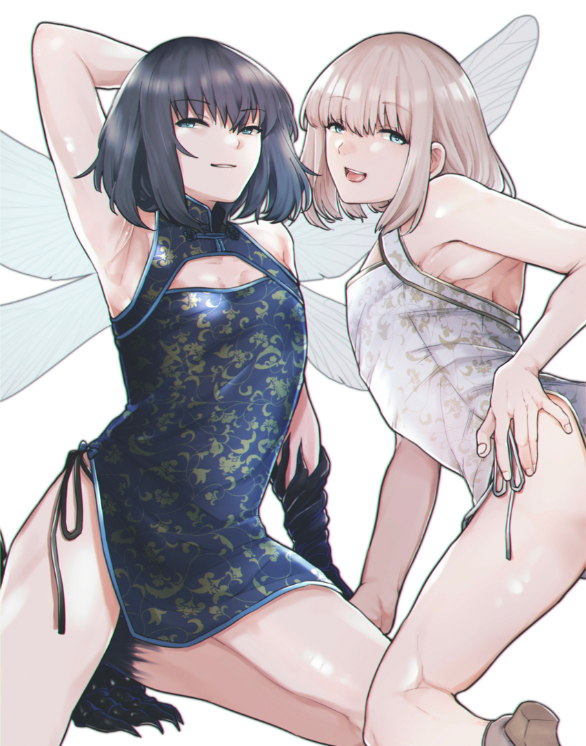 2boys absurdres arm_behind_head arm_up bare_shoulders blonde_hair blue_dress blue_eyes china_dress chinese_clothes cleavage_cutout clothing_cutout commentary_request crossdressing cutout dress dual_persona fate/grand_order fate_(series) gold_dress grey_hair hand_on_own_ass hand_on_own_hip high_heels highres insect_wings looking_at_viewer male_focus medium_hair multicolored_dress multiple_boys oberon_(fate) oberon_(third_ascension)_(fate) open_mouth pectoral_cleavage pectorals print_dress sausu_hitori sleeveless smile teeth thighs trap upper_teeth_only white_dress white_footwear wings