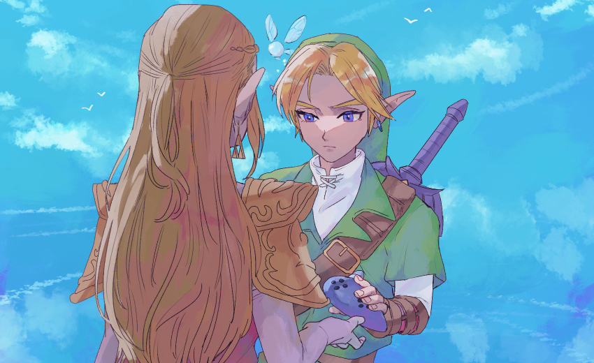 1boy 2girls armor belt blonde_hair blue_eyes blue_sky closed_mouth collared_shirt dress earrings elbow_gloves eyebrows fairy from_behind gauntlets gloves green_headwear hat highres holding holding_instrument instrument jewelry link long_hair looking_at_another master_sword multiple_girls navi nintendo ocarina parted_bangs pointy_ears princess_zelda shirt short_hair short_sleeves shoulder_armor sky standing sword the_legend_of_zelda the_legend_of_zelda:_ocarina_of_time triforce tunic upper_body weapon weapon_on_back yamori_(yamoooon21)