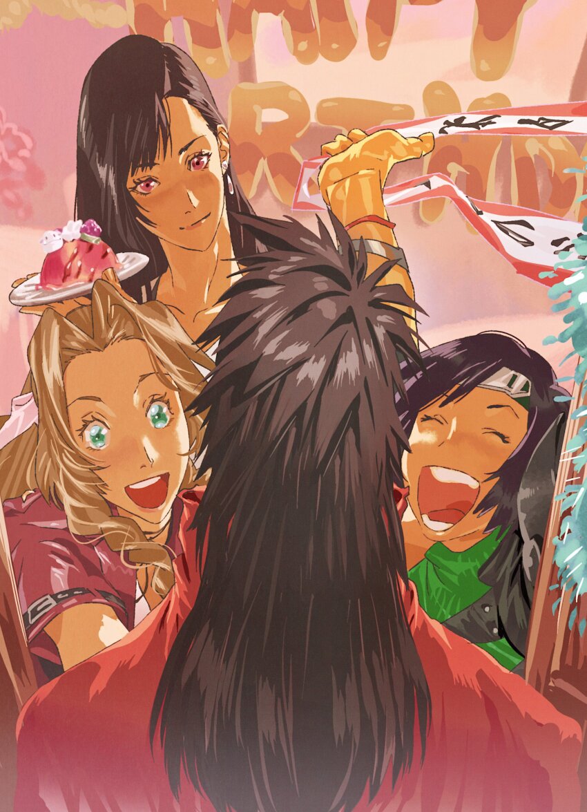 1boy 200_percent 3girls absurdres aerith_gainsborough arm_up birthday birthday_cake black_hair blush brown_hair cake cake_slice cape closed_eyes closed_mouth collarbone commentary drill_hair drill_sidelocks earrings facing_another final_fantasy final_fantasy_vii final_fantasy_vii_rebirth final_fantasy_vii_remake food from_behind gloves green_eyes green_sweater hair_ribbon highres holding holding_plate jacket jewelry long_hair looking_at_another multiple_girls open_mouth orange_gloves parted_bangs pink_ribbon plate red_cape red_eyes red_jacket ribbon short_hair sidelocks single_earring single_shoulder_pad sleeveless sleeveless_turtleneck smile spiked_hair sweater swept_bangs symbol-only_commentary tifa_lockhart turtleneck turtleneck_sweater upper_body vincent_valentine yuffie_kisaragi