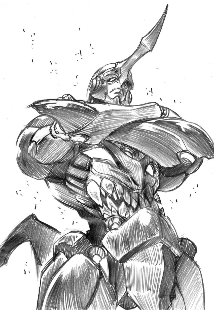 00s crossed_arms greyscale highres lazengann mecha monochrome no_humans robot senomoto_hisashi simple_background solo tengen_toppa_gurren_lagann white_background