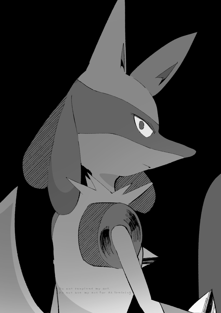 1other absurdres black_background commentary facing_to_the_side gen_4_pokemon grey_eyes grey_fur highres looking_at_viewer lucario monochrome nintendo pokemon pokemon_(creature) pokemon_focus shiro_hinageshi solo turning_head upper_body watermark wide-eyed