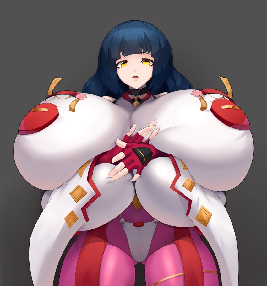 1girl absurdres blue_hair breasts cameltoe deep_skin female_focus fingerless_gloves gigantic_breasts gloves gluteal_fold highres long_hair looking_at_viewer mikami_chizu pockyland skindentation solo taimanin_(series) thick_thighs thighs yellow_eyes