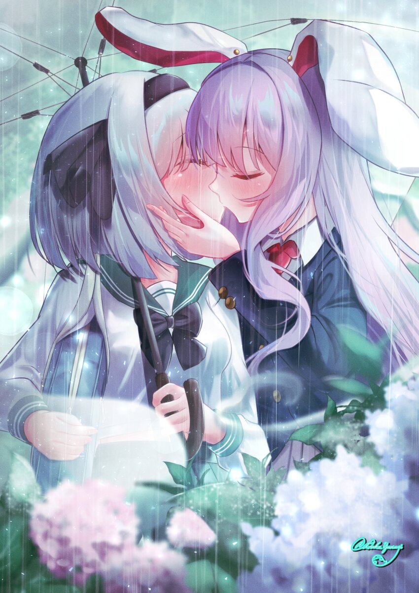 2girls adako_yunagi alternate_costume animal_ears bag black_hairband black_jacket blazer blurry blurry_foreground blush collared_shirt commentary_request flower green_sailor_collar grey_hair hairband hand_on_another&#039;s_cheek hand_on_another&#039;s_face highres holding holding_bag holding_umbrella hydrangea jacket kiss konpaku_youmu konpaku_youmu_(ghost) long_hair long_sleeves multiple_girls necktie outdoors pink_flower purple_hair rabbit_ears rain red_necktie reisen_udongein_inaba sailor_collar shirt signature touhou transparent transparent_umbrella umbrella white_shirt yuri