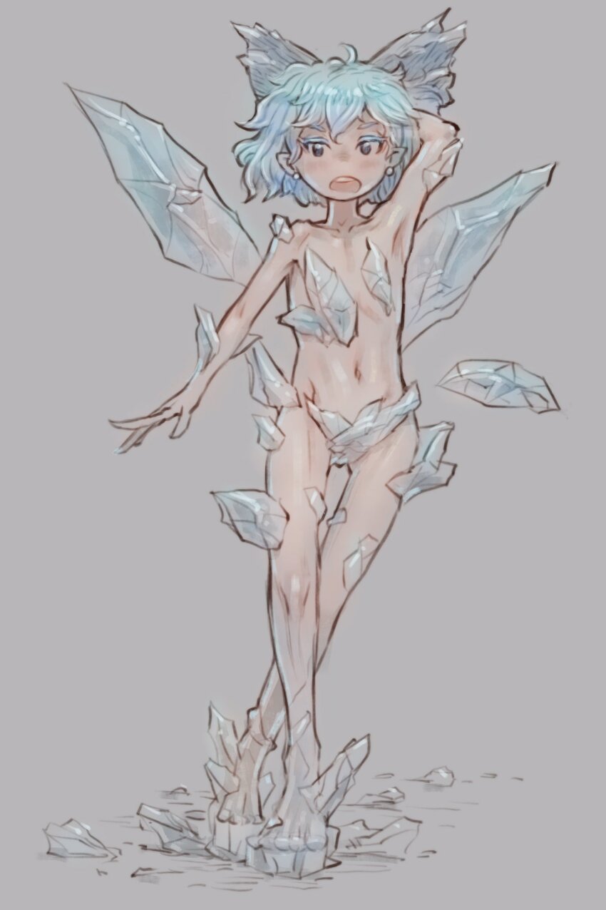 1girl blue_eyes blue_hair cirno commentary_request flat_chest full_body grey_background highres ice ice_wings looking_at_viewer navel nude open_mouth pointy_ears short_hair simple_background sketch solo thigh_gap touhou wings yst
