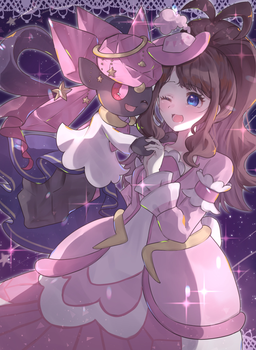 1girl ;d absurdres antenna_hair blue_eyes brown_hair commentary_request diancie dress eyelashes gen_6_pokemon happy hat highres hilda_(pokemon) hilda_(special_costume)_(pokemon) holding_hands legendary_pokemon long_hair long_sleeves mini_hat mythical_pokemon nintendo official_alternate_costume one_eye_closed open_mouth pink_dress pink_hat pokemon pokemon_(creature) pokemon_masters_ex sidelocks smile sparkle thealla1024
